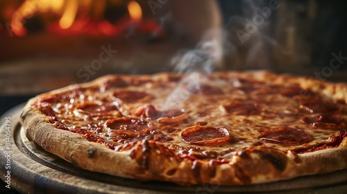 AI generated illustration of steaming hot pepperoni pizza on a wooden table photo