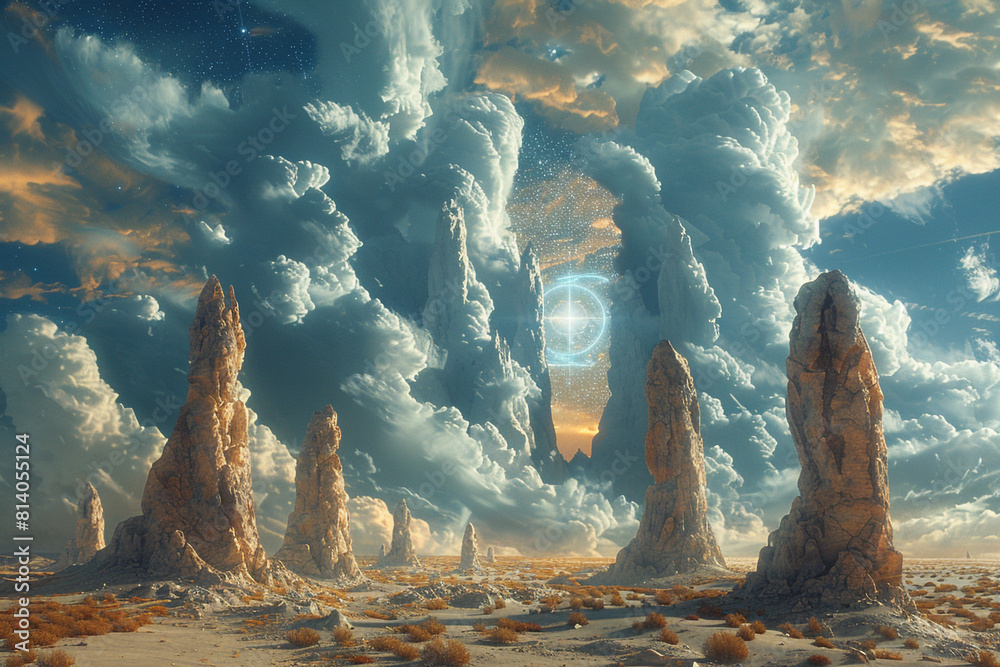 An otherworldly landscape of alien rock formations and swirling clouds, with a mysterious portal shimmering in the distance, leading to realms unknown.