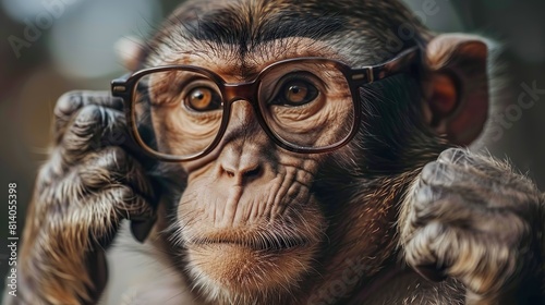 thoughtful chimpanzee wearing glasses photo