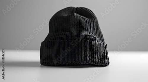 A stylish black beanie mockup laying flat on a white surface, ready for personalized branding.