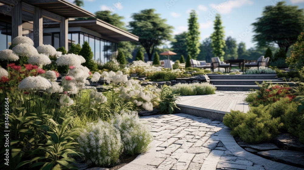Obraz premium Landscape design with flowers, beautiful residential