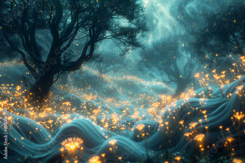 A digital forest alive with the glow of bioluminescent flora, their tendrils reaching skyward amidst a fog of swirling data particles. photo