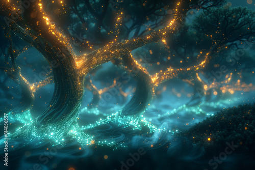 A digital forest alive with the glow of bioluminescent flora, their tendrils reaching skyward amidst a fog of swirling data particles. photo