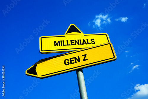 Gen Z and Millennials - Traffic sign with two options - difference and comparison between generations. Age group in population and demography. Generation gap, conflicts and clash.