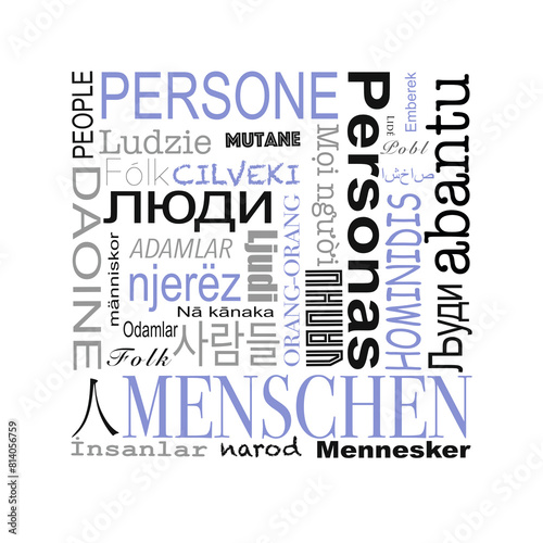 Begriff "Mensch" vielsprachig (multilingual) im Quadrat angeordnet, Hintergrund weiß