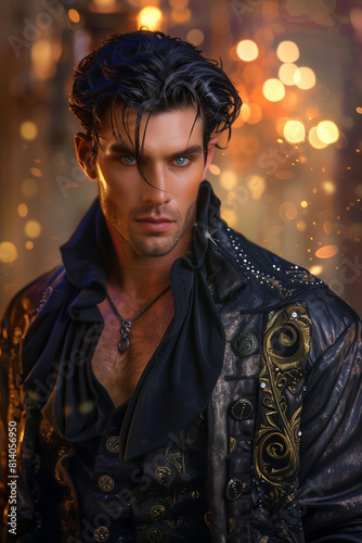 tall, muscular guy with black hair and blue eyes wearing an elegant dark shirt with silver accents on the sleeves of his jacket, in the style of fantasy romance book cover art photo