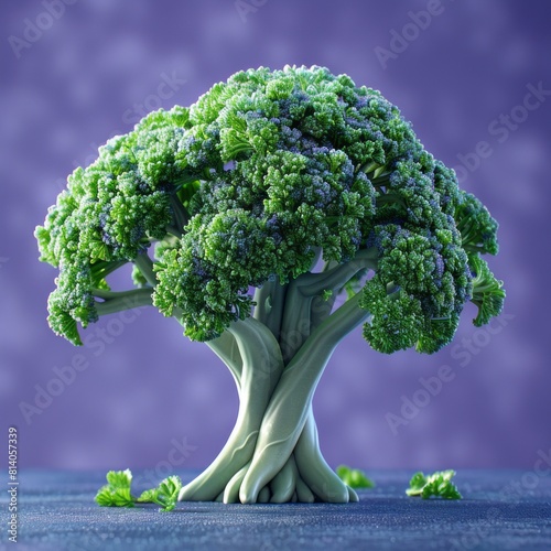 A fresh, vibrant green broccoli set against a striking purple-blue background. The perfect symbol of superfoods, nutrition, and healthy eating. Ideal for promoting balanced diets. photo