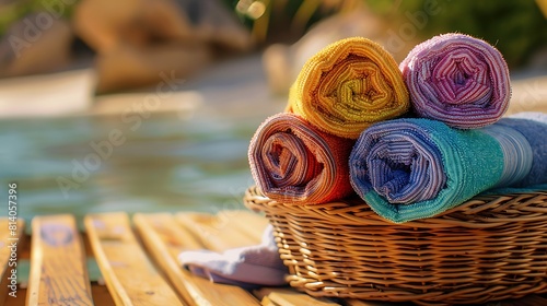 A stack of colorful beach towels rolled up neatly on a wicker basket, ready for a day at the beach