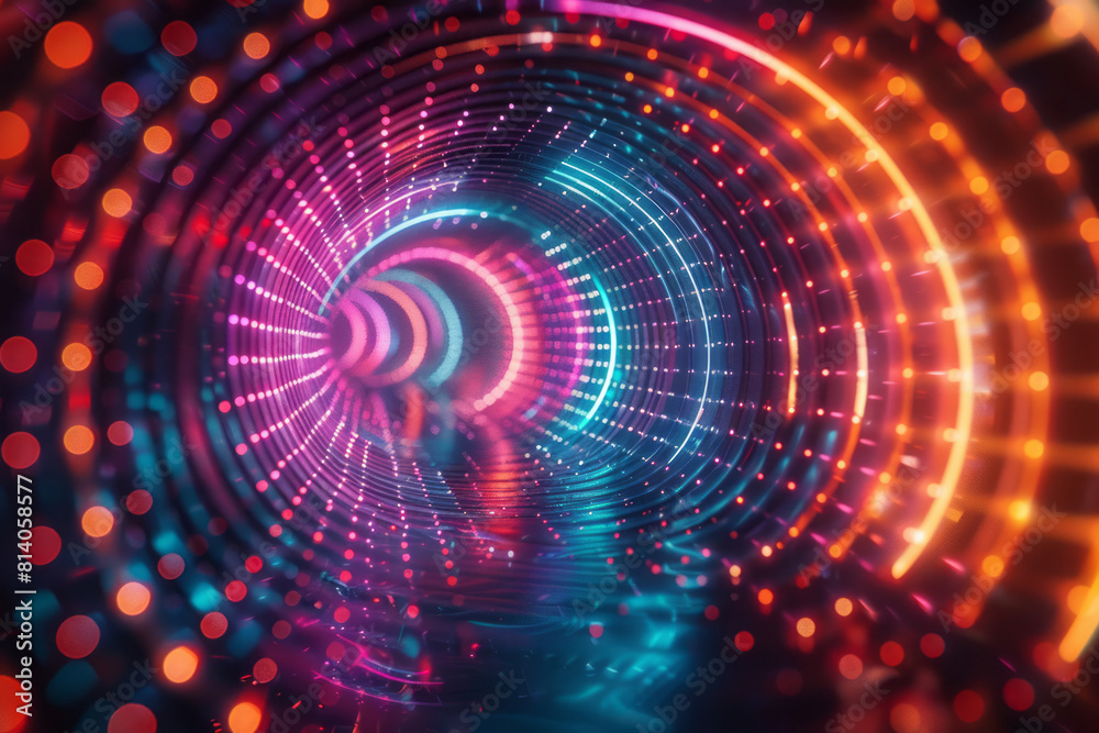 Dynamic depiction of radio waves, concentric angular lines in neon colors radiating outward,