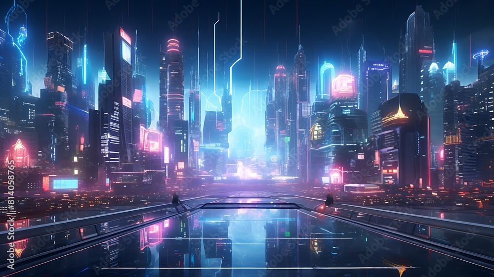 A futuristic cityscape bathed in neon lights, with holographic advertisements floating in the air.