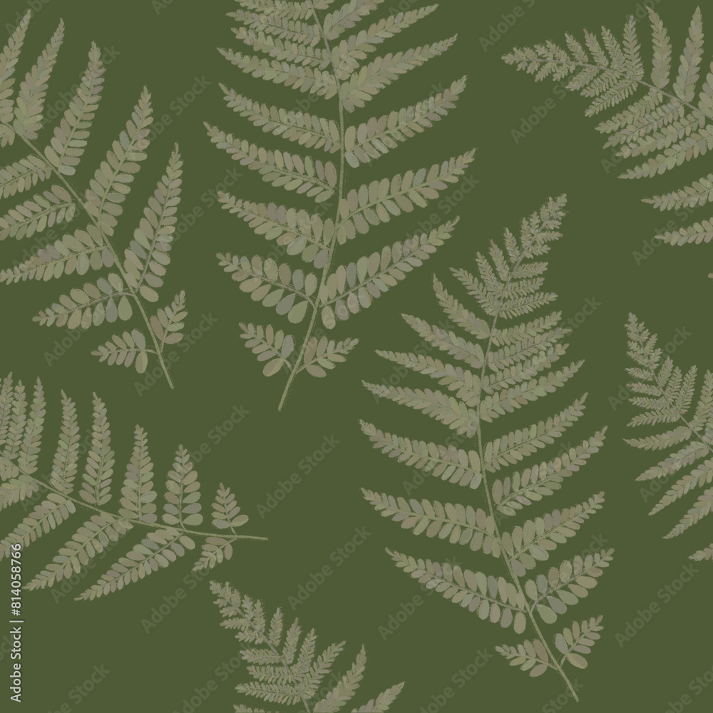Obraz premium Seamless botanical vintage pattern on green background for design of fabrics, paper, packaging, textiles in hand drawn cartoon flat style.