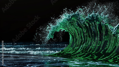 Code wave, a tidal wave of green matrix symbols crashing over a black shore