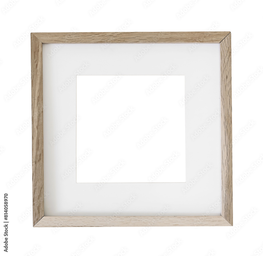 Fototapeta premium Thin square wooden picture frame, poster mockup isolated on background. Artistic display object, template.