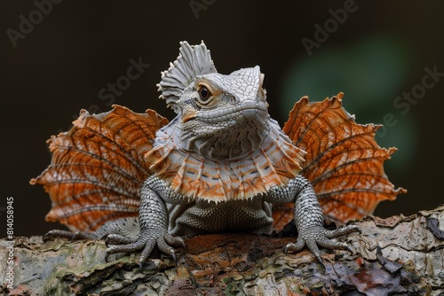 Frilled-neck Lizard  Extending frill while perched on branch  depicting defensive behavior.