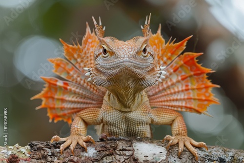 Frilled-neck Lizard  Extending frill while perched on branch  depicting defensive behavior.