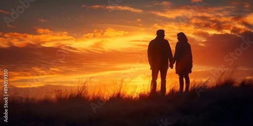 Senior couple silhouette on hill at sunrise reflecting on life and loss. Concept Landscape Photography  Sunrise Silhouette  Emotional Portraits  Senior Love  Reflection on Life and Loss