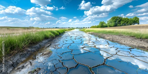 Global warming leads to drought, resulting in landscapes drying up and reservoirs cracking river banks. Concept Climate Change, Drought Impact, Water Scarcity, Ecosystem Degradation, Extreme Weather