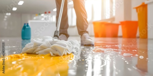 Closeup of janitor mopping office floor with cleaning supplies. Concept Office Cleaning, Mopping Floors, Janitorial Services, Cleaning Supplies, Close-up Details photo