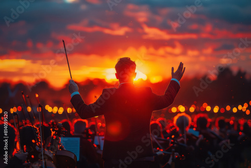 Gradient of sunset colors, with abstract silhouettes of conductors hands guiding the musics flow, photo