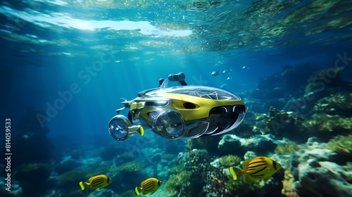 A hi-tech underwater drone capturing stunning footage of marine life in crystal clear waters. photo