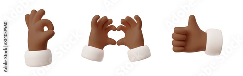 Vector illustrations of 3D hands gestures on a white background: OK, heart, thumbs up