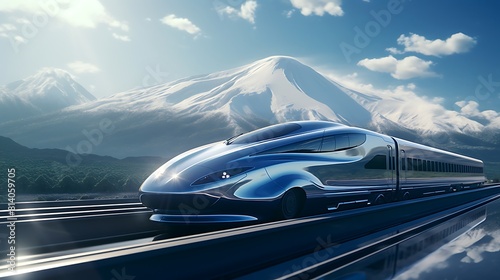 A high-speed bullet train gliding smoothly along its track against a backdrop of mountains. © Ansar