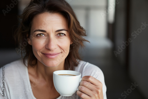 Smiling middle aged woman holding white blank coffee cup at home. Mockup