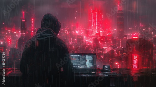 Cyberpunk Cityscape: Neon-Drenched Digital Collage Featuring a Hacker at Computer Terminal