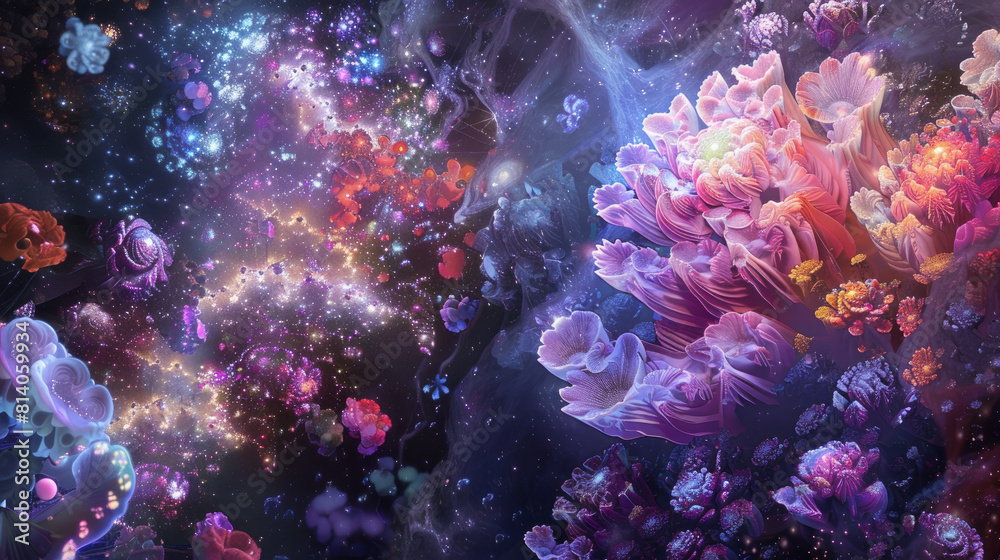 Celestial beings amidst ethereal blooms and cosmic shimmer Celestial beings amidst ethereal blooms and cosmic shimmer
