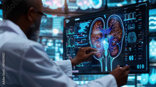 Doctor examines a 3D kidney model, reviews test results on a virtual screen, and analyzes data. Advances in technology are transforming kidney care. photo