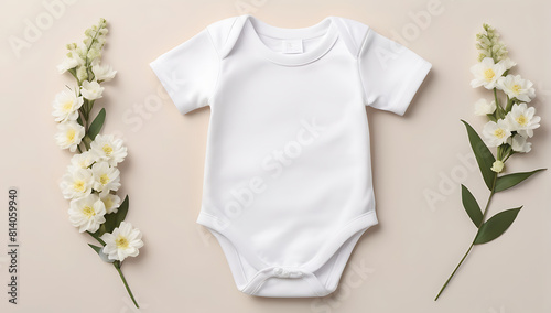 A Blank white baby short sleeve bodysuit lying flat on a light color background with white flowers in corner of image, bodysuit template mock up, Top view,  © Prateek