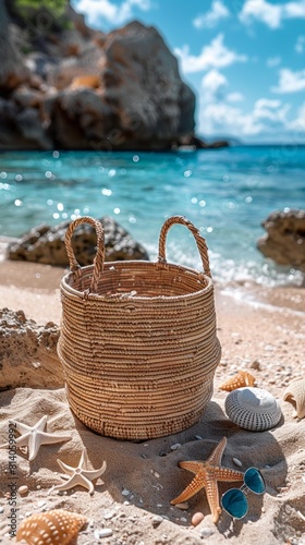 Wooden picnic basket near the clear blue sea on a sunny summer day. Beach day. Travel and relaxation. Weekend geatway.