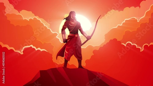Hindu mythology, majestic presence of Lord Rama in this motion graphic, depicting the revered Hindu deity standing gallantly atop a mountain against a dramatic cloudscape background  photo