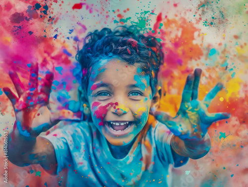 A young boy covered in colorful paint.