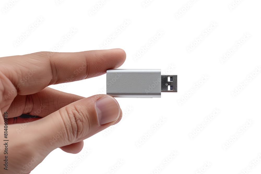 A hand holding a silver USB flash drive. A hand holding a silver USB flash drive.