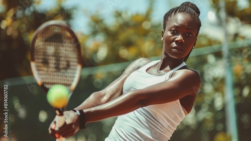 Black woman practicing tennis sport, person is focused and enjoying the sport, sports photography, generative ai