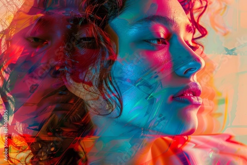 imaginative portrait of woman merged with abstract shapes and colors aigenerated digital art