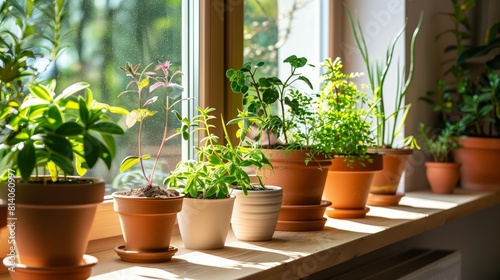 Potted plants line the windowsill  bringing life and color to the room.