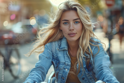 a beautiful blonde American woman gracefully rides her bicycle