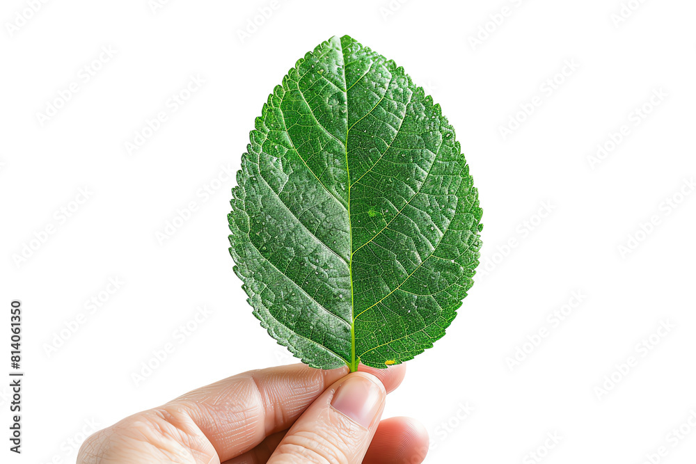 The photo shows a hand holding a single green leaf The photo shows a hand holding a single green leaf