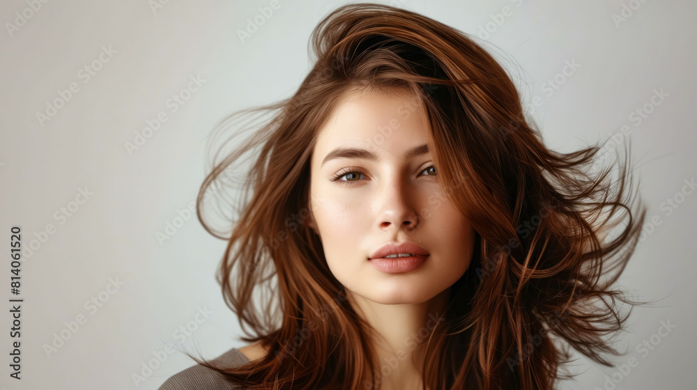 A woman with long brown hair looking at the camera. A woman with long brown hair looking at the camera.
