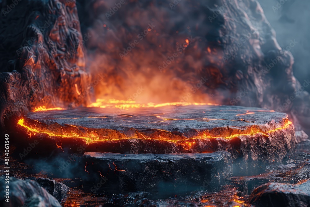 Futuristic Fire and Lava Podium: Dynamic Display Platform on Volcanic Terrain
