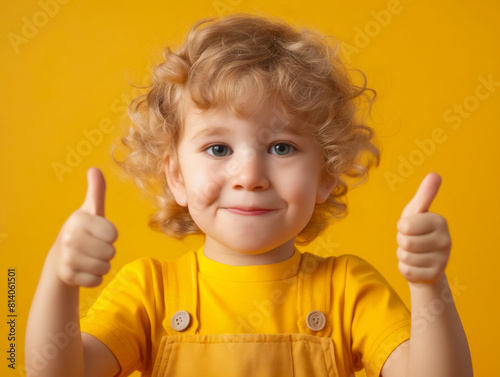 A little boy with curly hair showing thumbs up.