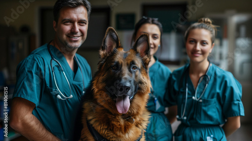 veterinarians with happy German shepherd dog in clinic 