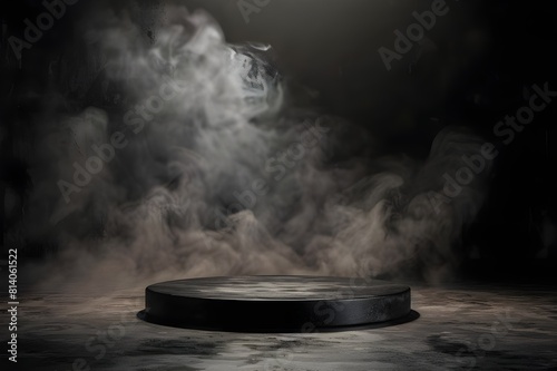  Podium black dark smoke background product platform abstract stage texture fog spotlight. Dark black floor podium dramatic empty night room table concrete wall scene place display studio smoky