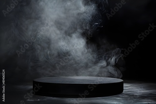 v Podium black dark smoke background product platform abstract stage texture fog spotlight. Dark black floor podium dramatic empty night room table concrete wall scene place display studio smokyv