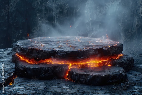 Futuristic Fire and Lava Podium: Dynamic Display Platform on Volcanic Terrain