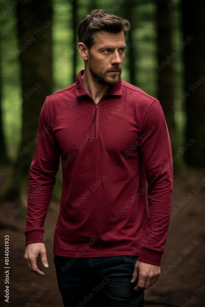Portrait of a handsome young man with a beard wearing a red polo shirt standing in a forest Portrait of a handsome young man with a beard wearing a red polo shirt standing in a forest
