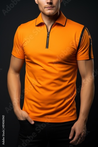 Cropped image of man in orange t-shirt on black background