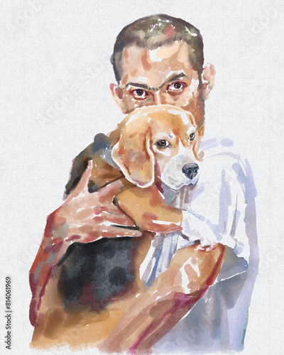 Digital hand painted watercolor of a man holding a beagle dog